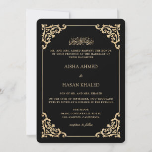 Convite Quadro Dourado Barroco Casamento Muçulmano Negro R