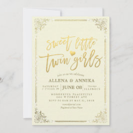 Convite Quadro Dourado das meninas gêmeas chás de fraldas