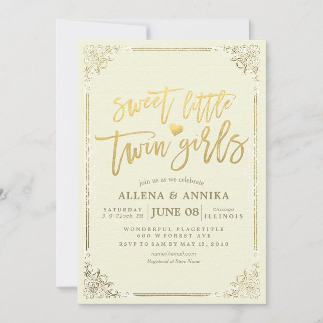 Convite Quadro Dourado das meninas gêmeas chás de fraldas (Frente)