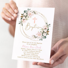 Convite Quadro Dourado de Batismo Floral Rosa Blush