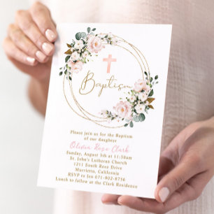 Convite Quadro Dourado de Batismo Floral Rosa Blush