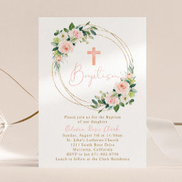 Convite Quadro Dourado de Batismo Floral Rosa Pêssego