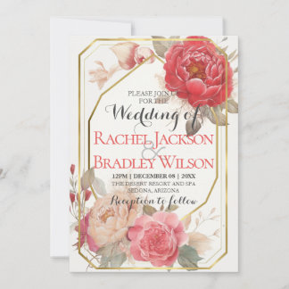 Convite Quadro Dourado de Casamento de Pêmonas Vermelhas C