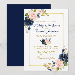 Convite Quadro Dourado de Casamento Elegante Azul-Blush Co