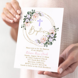 Convite Quadro Dourado do batismo floral rosa e Lavanda