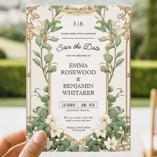 Convite Quadro Dourado Elegante Eucalyptus Salve a placa d