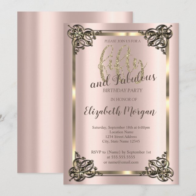 Convite Quadro Dourado Elegante, Festa de aniversário Dour (Frente/Verso)