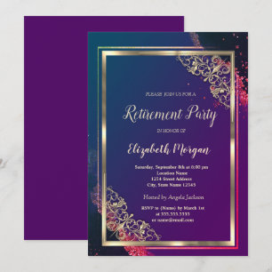 Convite Quadro Dourado Festivo Violeta Aposentadoria