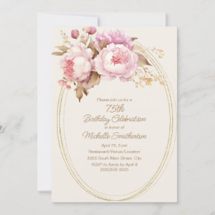 Convite Quadro Dourado Floral Aquarela Rosa Aniversário de