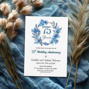 Convite Quadro Dourado Floral Azul 75º Aniversário de Cas