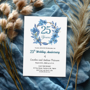 Convite  Quadro Dourado Floral Azul Aniversário de 25 Anos