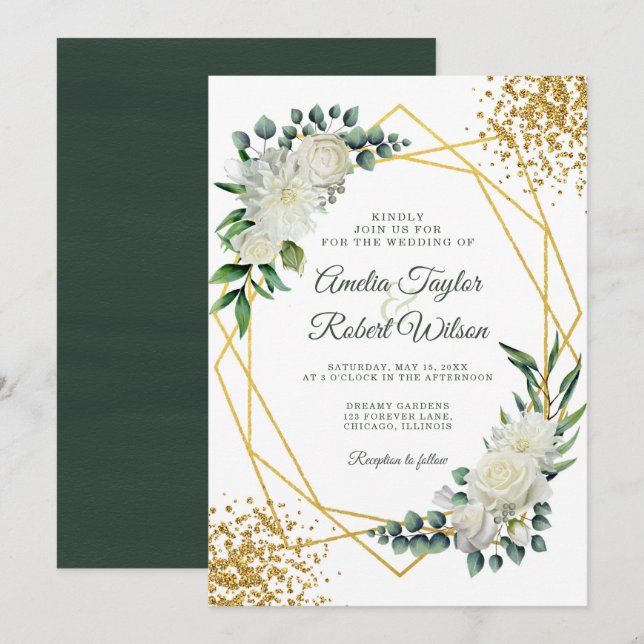 Convite Quadro Dourado Floral Branco Confetti (Frente/Verso)