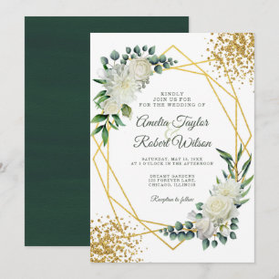 Convite Quadro Dourado Floral Branco Confetti