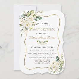 Convite Quadro Dourado Floral de Marfim branco elegante Sw