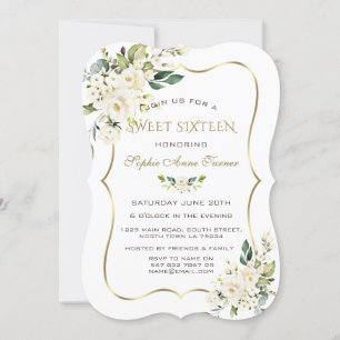 Convite Quadro Dourado Floral de Marfim branco elegante Sw