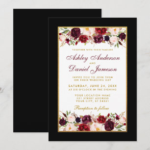 Convite Quadro Dourado Floral Elegante Preto de Casamento 