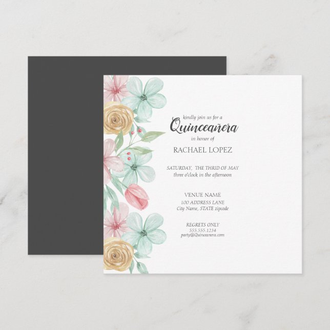 Convite Quadro | Dourado floral Pastel elegante (Frente/Verso)