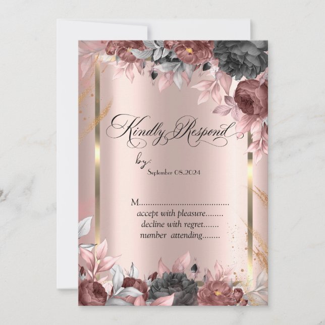 Convite Quadro Dourado,Flores Chic em Rosa Dourado RSVP  (Frente)