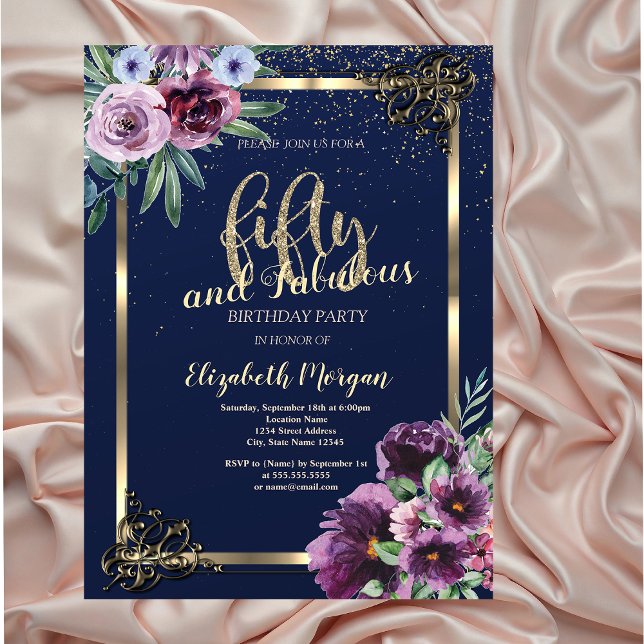 Convite Quadro Dourado Flores Violeta Azul 50º Aniversário (Criador carregado)