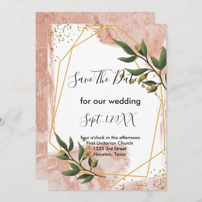 Convite Quadro Dourado moderno Ivory Green Floral salvar a (Frente/Verso)