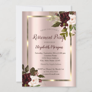 Convite Quadro Dourado,Rosas Borgonha,Rosa Dourada