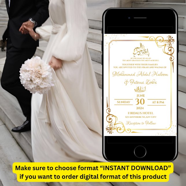 Convite Quadro Dourado Simples e Elegante Nikah Walima (Criador carregado)