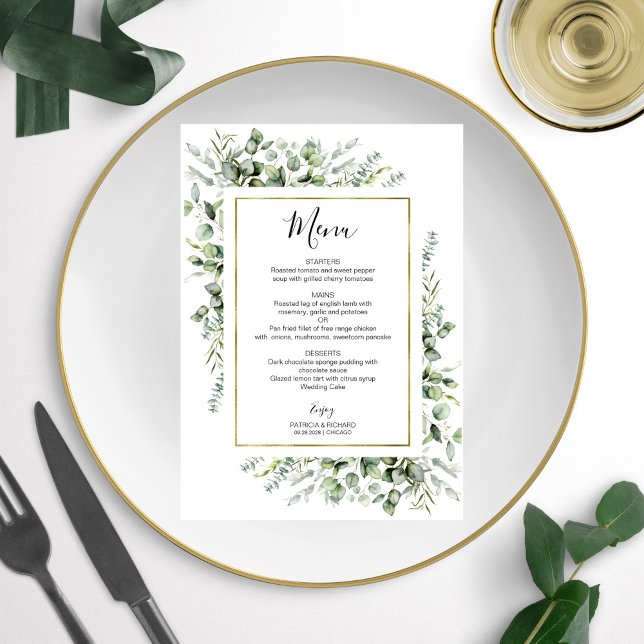 Convite Quadro Dourado Verde Eucalyptus Wedding Menu Invit (Criador carregado)