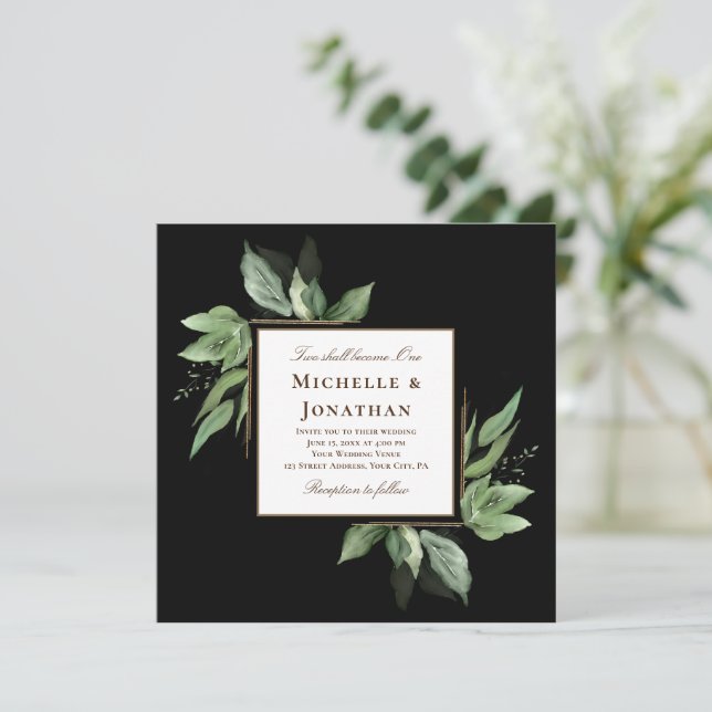 Convite Quadro Dourado Verde sobre Casamento Cristão Negro (Em pé/Frente)