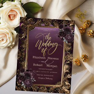 Convite Quadro Dourado Vintage Rosas Bordeaux Casamento