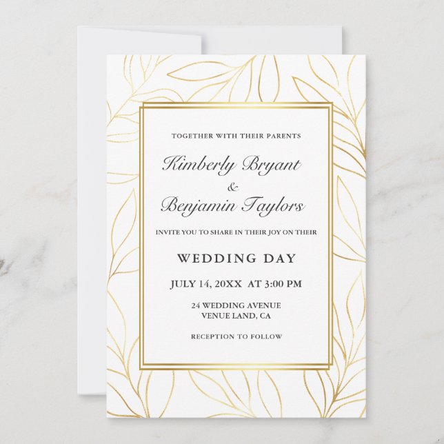 Convite Quadro elegante. Dourada Folhagem de Ar. Chic Wedd (Frente)