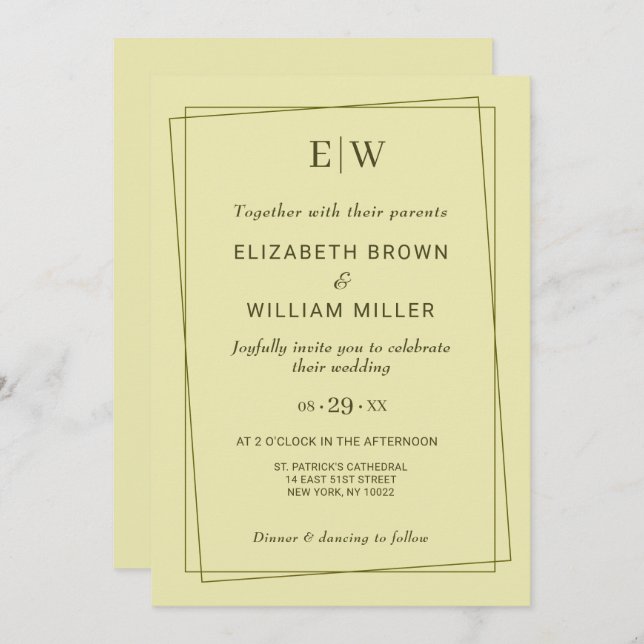 Convite Quadro Elegante no Casamento do Monograma Amarelo  (Frente/Verso)