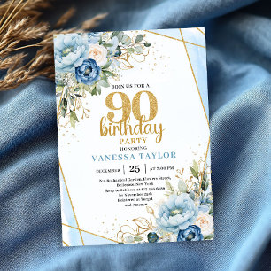 Convite Quadro Floral Azul Dourado Elegante 90º Aniversári