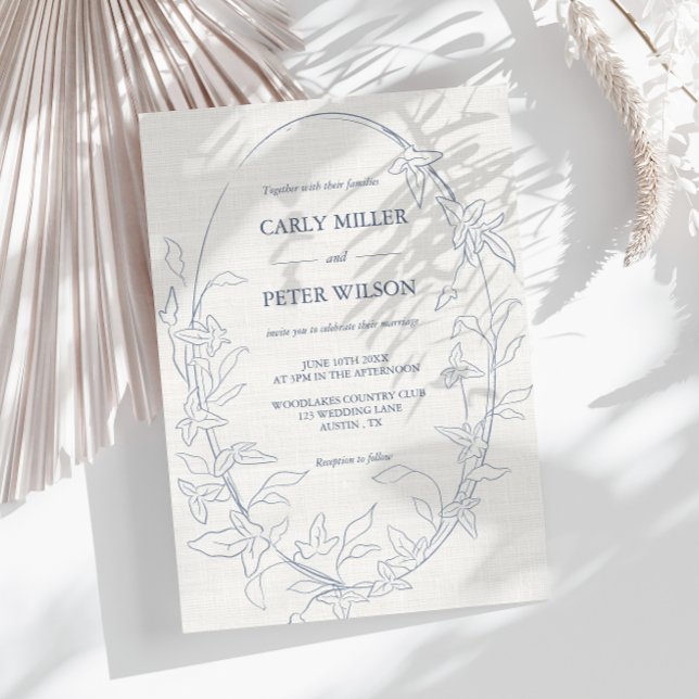 Convite Quadro Floral Azul Elegante | Linen Wedding (Criador carregado)