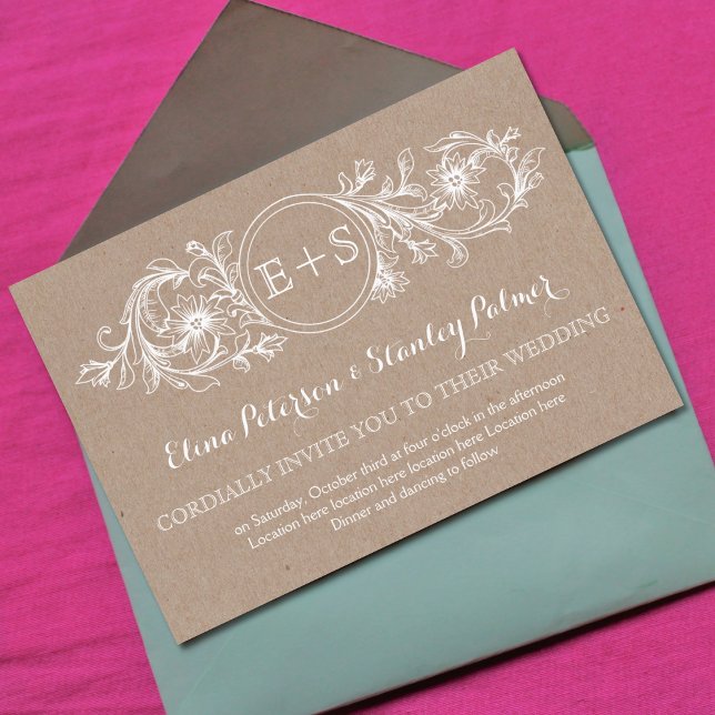 Convite Quadro floral branco, iniciais papel kraft casamen (Criador carregado)