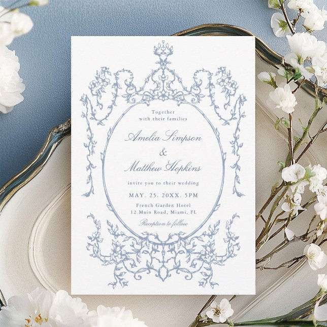 Convite Quadro Floral Clássico Casamento Azul Empoeirado   (Criador carregado)