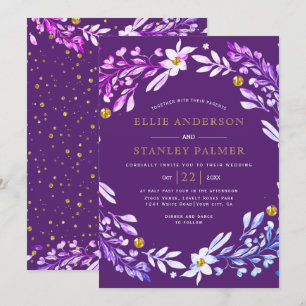 Convite Quadro floral com casamento roxo de confete dourad