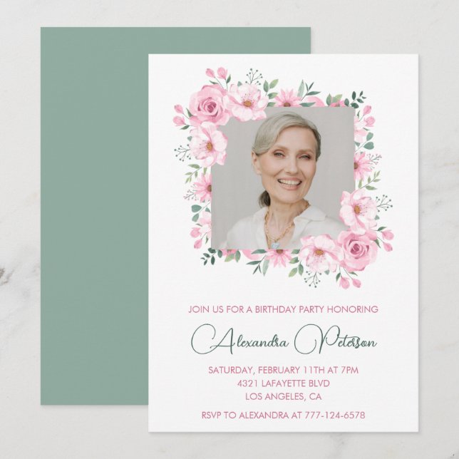 Convite Quadro floral de foto rosa verde para 88º aniversá (Frente/Verso)