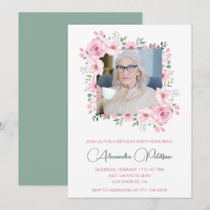 Convite Quadro floral de foto rosa verde para 98º aniversá