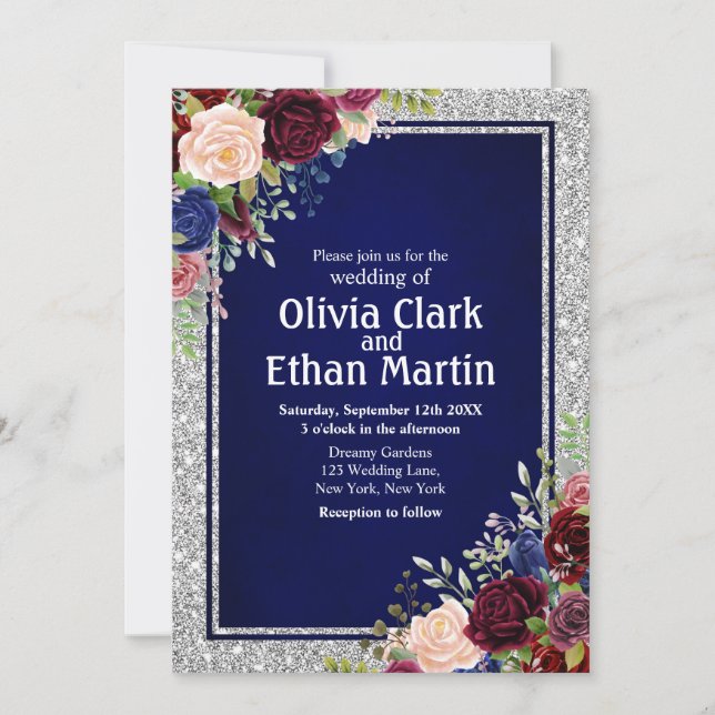 Convite Quadro Floral de Prata do Marinho Borgonha (Frente)