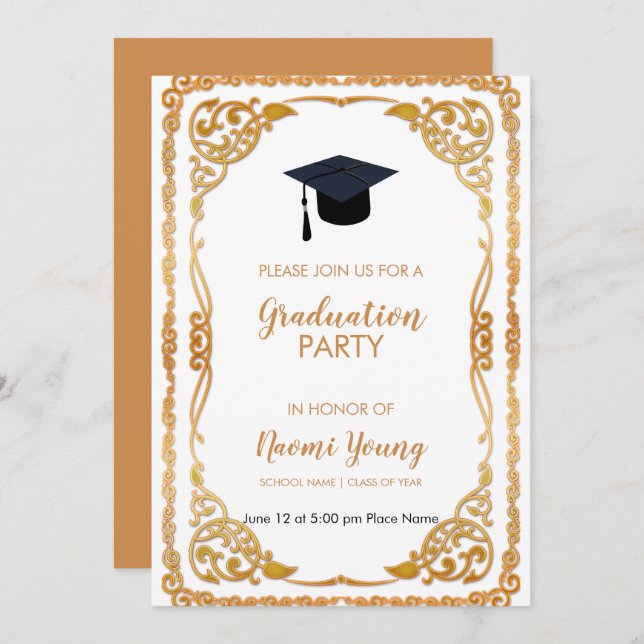 Convite Quadro Floral Dourado rosa (Frente/Verso)