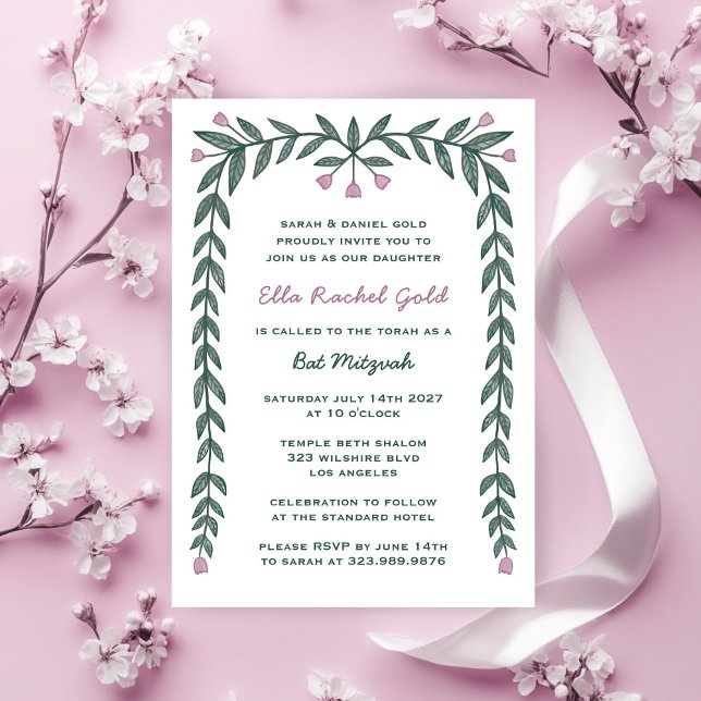 Convite Quadro Floral Moderno Bar Personalizado Bat Mitzva (Floral Frame Modern Custom Bar Bat Mitzvah Girl Invitation
)