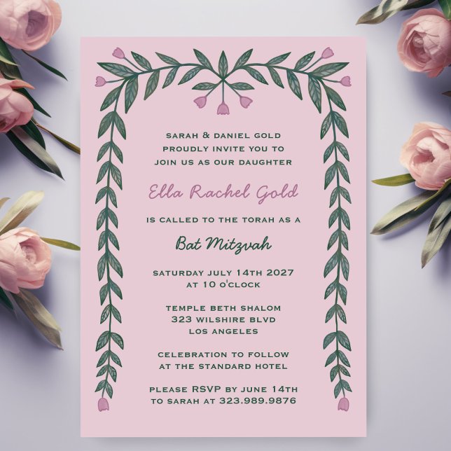 Convite Quadro Floral Moderno Bar Personalizado Bat Mitzva (Floral Frame Modern Custom Bar Bat Mitzvah Girl Invitation
)