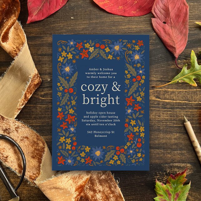 Convite Quadro Floral Outonal Rústico para Festa de Outono (blue, moss green, golden yellow and red-orange folk floral frame autumn fall party invitation)