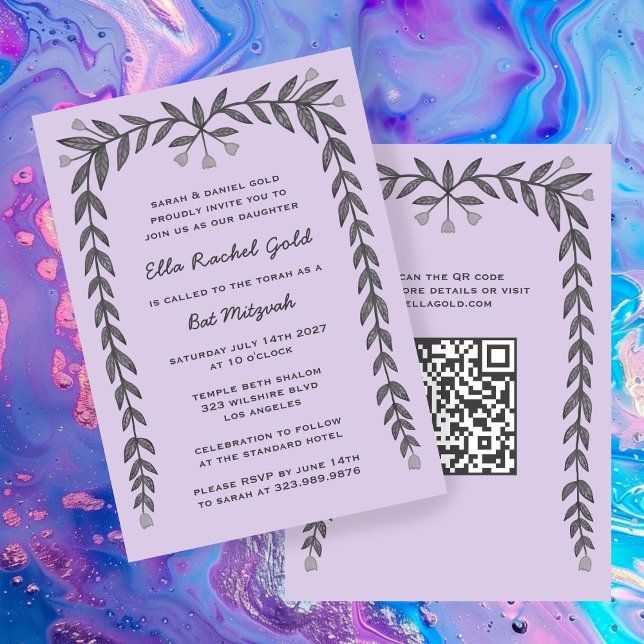Convite Quadro Floral Personalizado Código QR Moderno BarB (Floral Frame Custom QR Code Modern BarBat Mitzvah Invitation
)