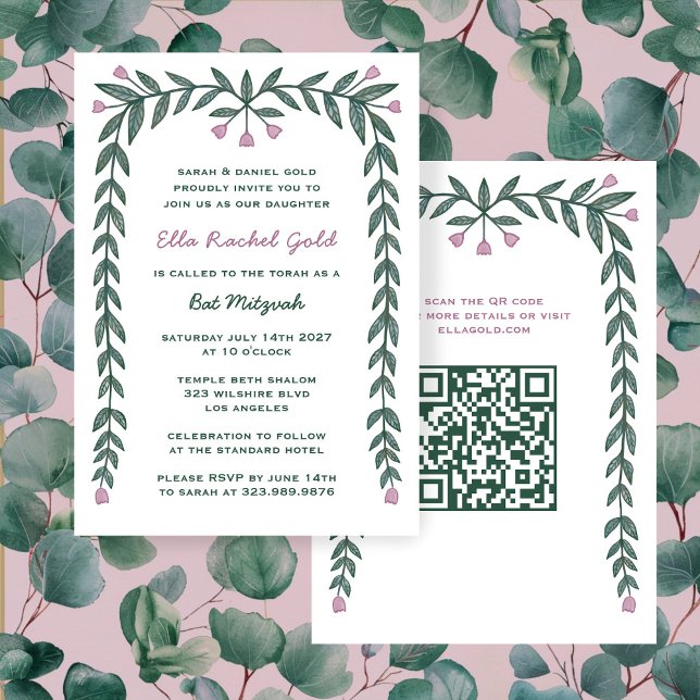 Convite Quadro Floral Personalizado QR Code Bat Mitzvah Gi (Floral Frame Custom QR Code Bat Mitzvah Girl Invitation
)