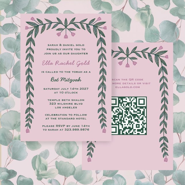 Convite Quadro Floral Personalizado QR Code Bat Mitzvah Gi (Floral Frame Custom QR Code Bat Mitzvah Girl Invitation
)