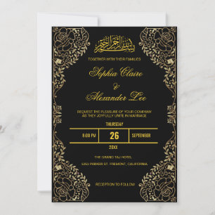 Convite Quadro Floral Preto e Dourado Casamento Islâmico M