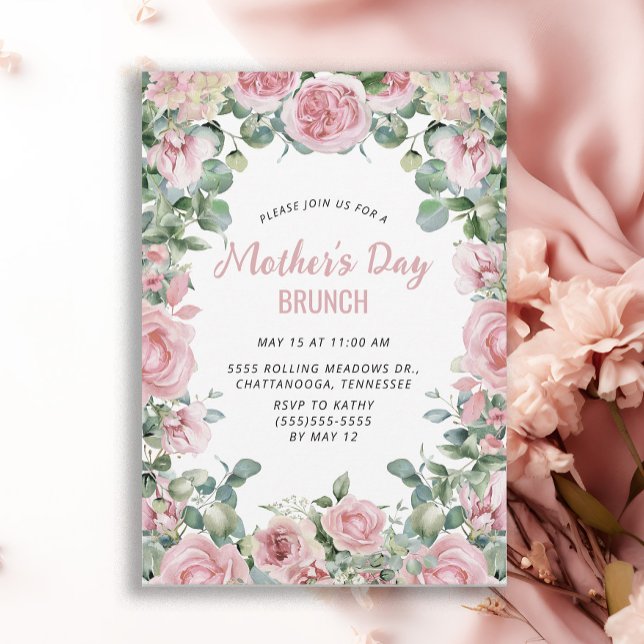 Convite Quadro Floral Rosa Brunch do Dia das Mães (Elegant pink roses Mother's Day Brunch invitation)