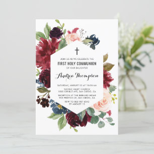 Convite Quadro Floral Vermelho e Azul Primeira Comunhão S
