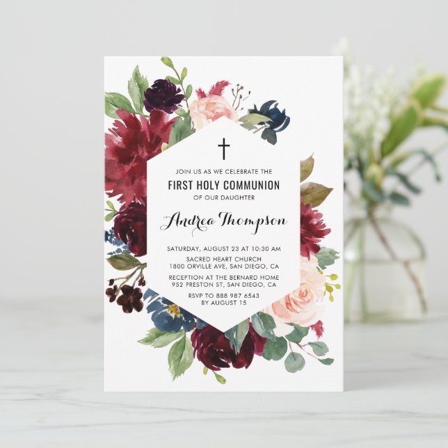 Convite Quadro Floral Vermelho e Azul Primeira Comunhão Sa (Em pé/Frente)